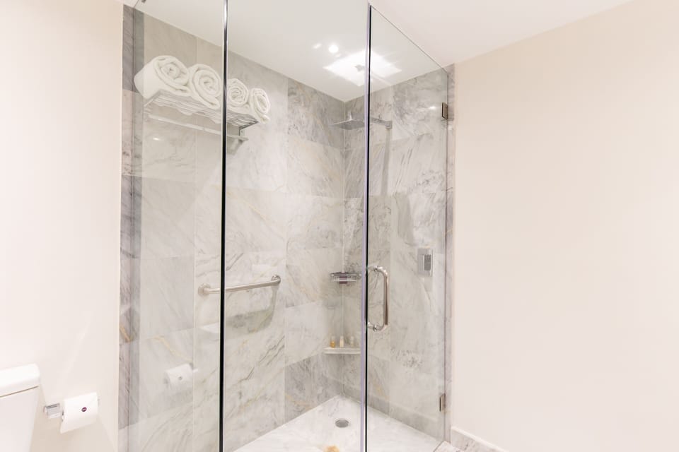 Shower, designer toiletries, hair dryer, towels