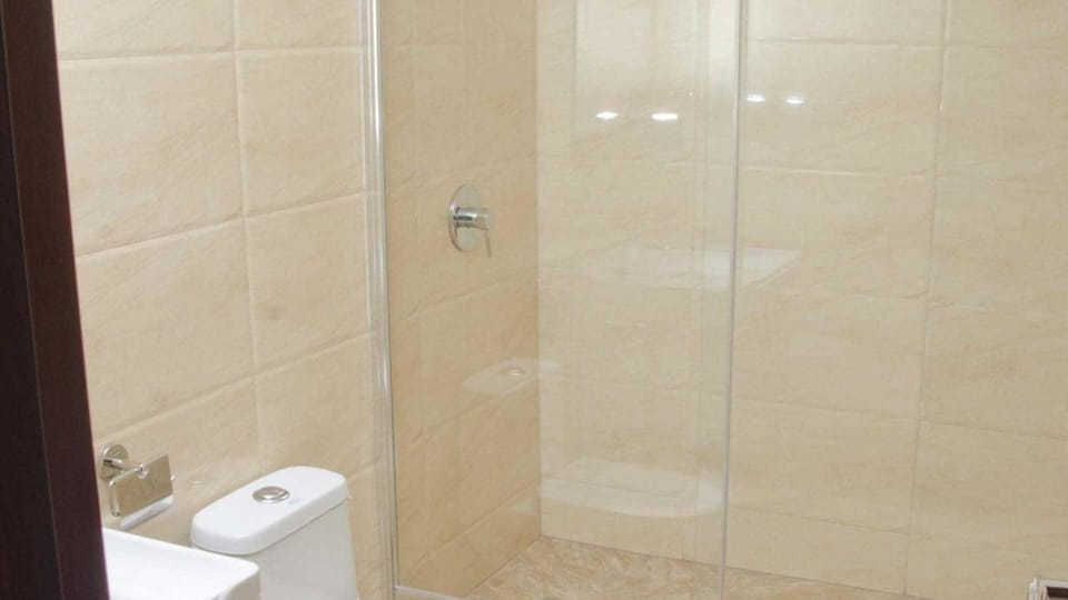 Shower, free toiletries, hair dryer, towels
