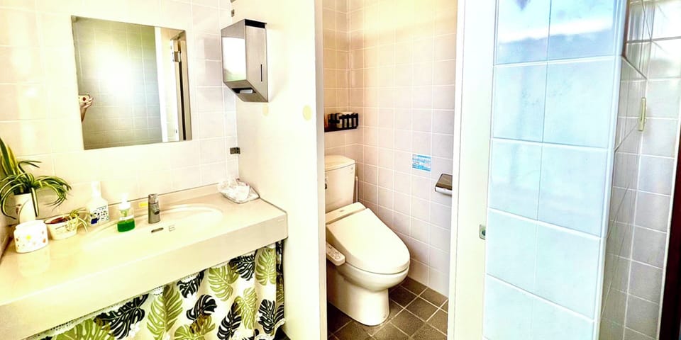 Combined shower/tub, deep soaking tub, free toiletries, hair dryer