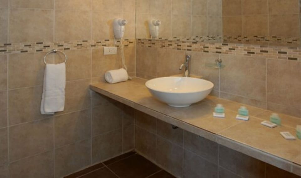 Combined shower/tub, free toiletries, hair dryer, towels