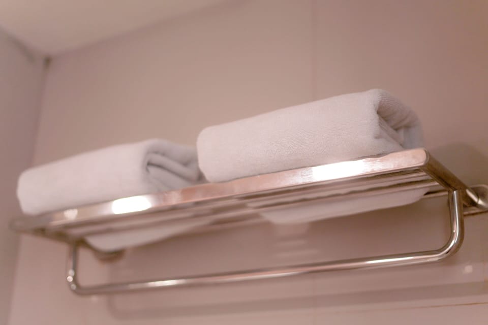 Shower, free toiletries, slippers, towels