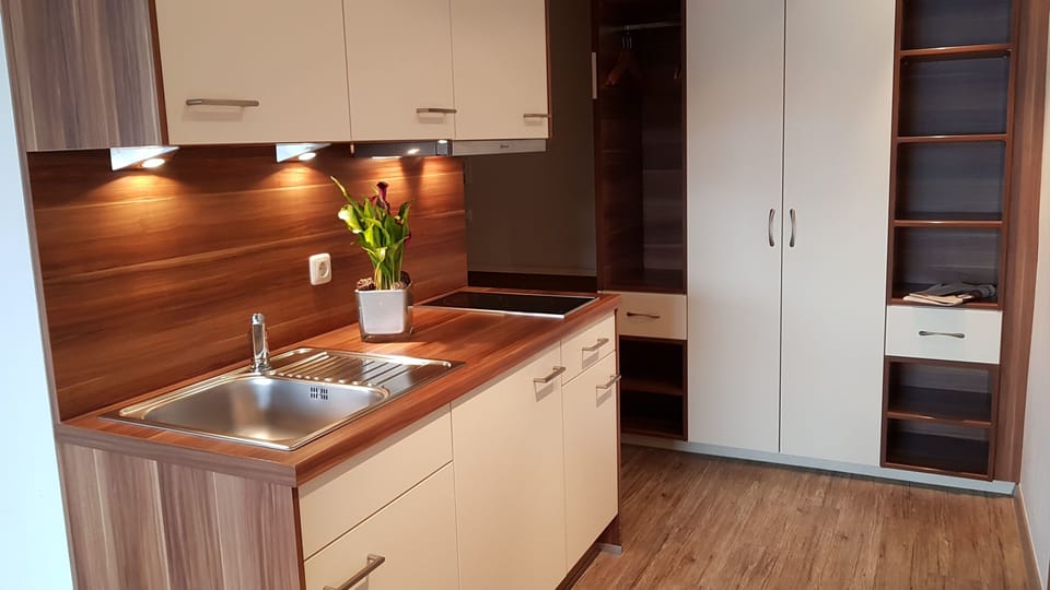 Fridge, microwave, stovetop, coffee/tea maker