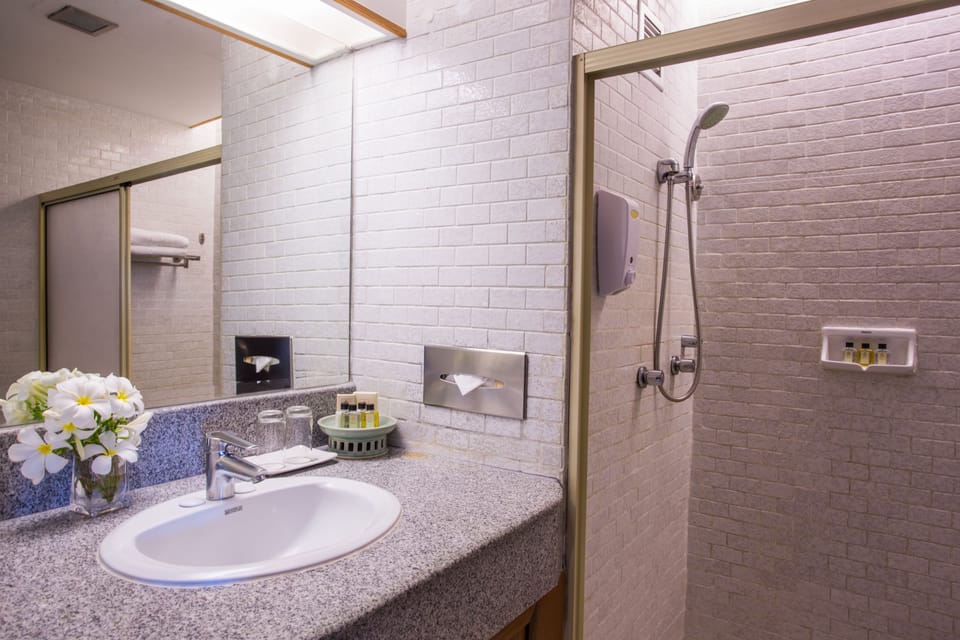 Shower, free toiletries, hair dryer, bathrobes