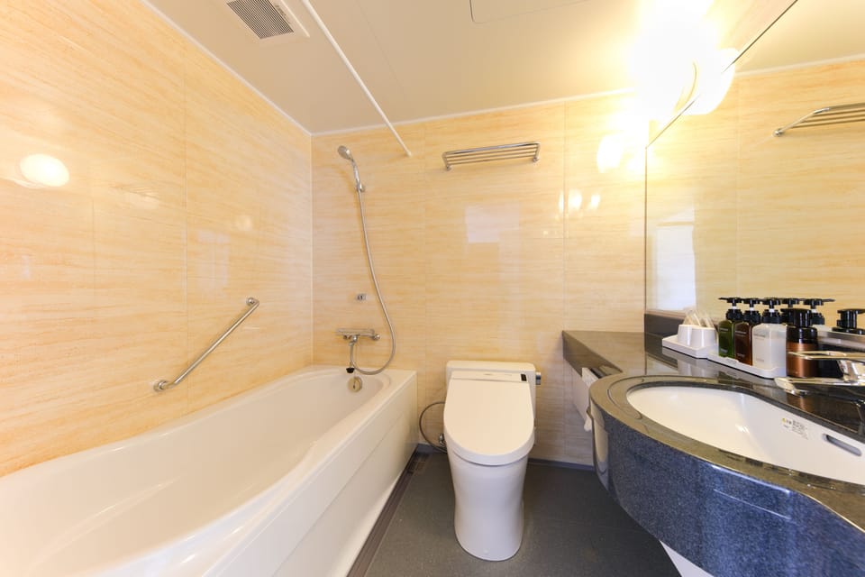 Combined shower/tub, free toiletries, hair dryer, slippers