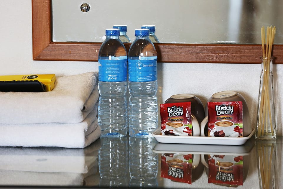 Shower, free toiletries, hair dryer, towels