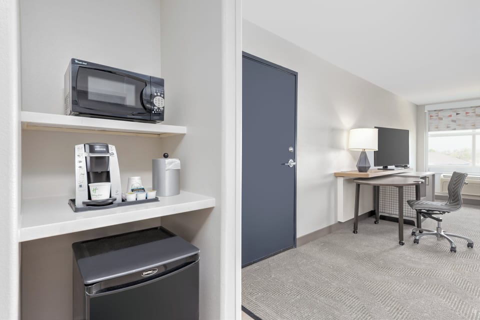 Down comforters, desk, laptop workspace, blackout drapes