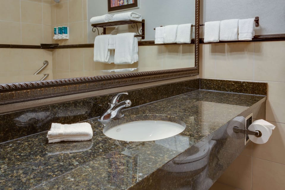 Combined shower/tub, free toiletries, hair dryer, towels