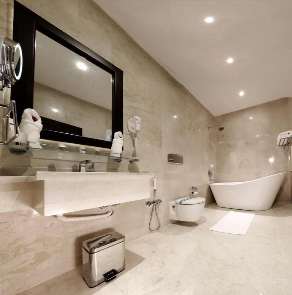 Hair dryer, bidet, towels, soap
