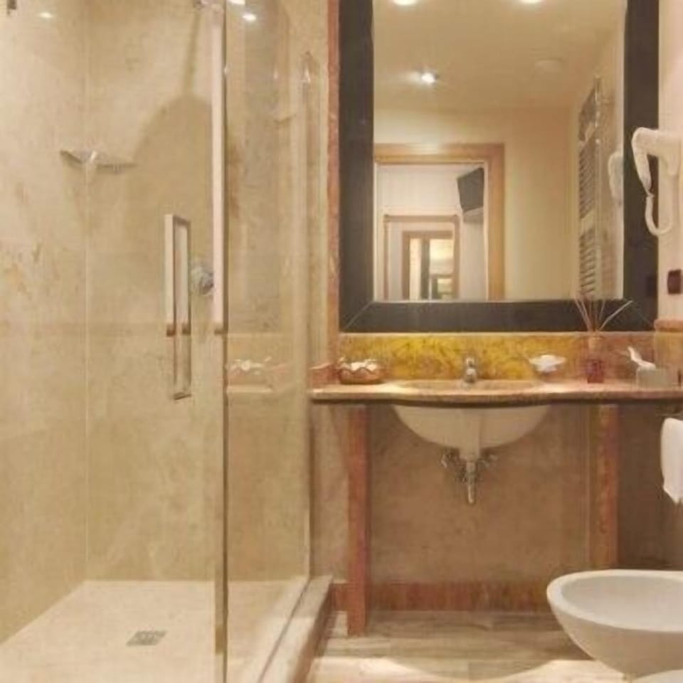Double Room Single Use | Bathroom | Shower, hair dryer, bidet, towels