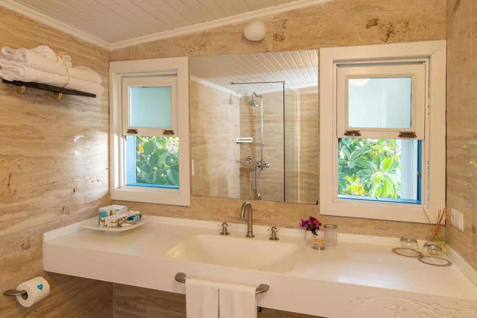 Shower, free toiletries, hair dryer, bathrobes
