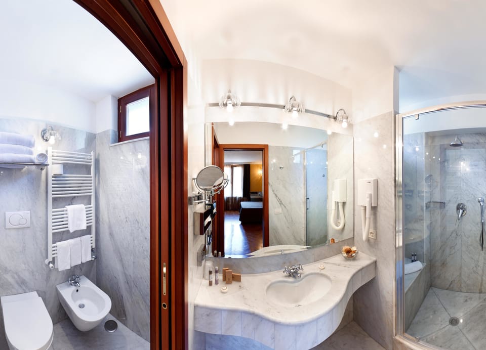 Free toiletries, hair dryer, bidet, towels
