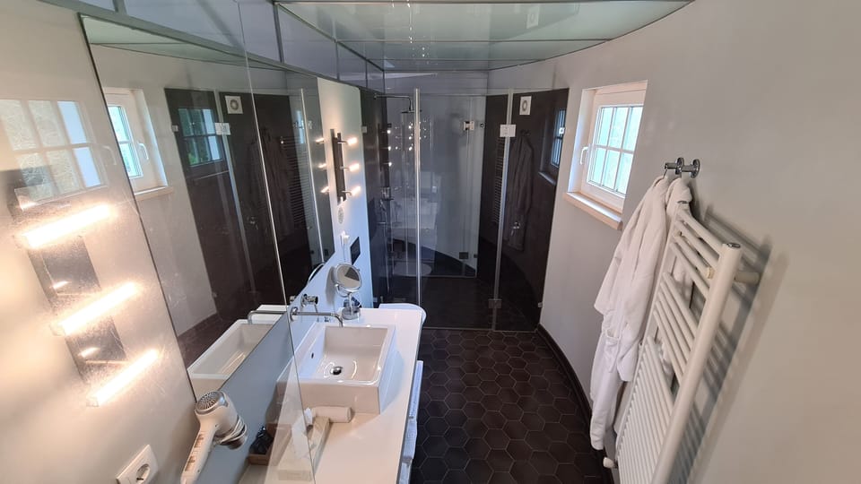 Shower, hair dryer, bathrobes, towels