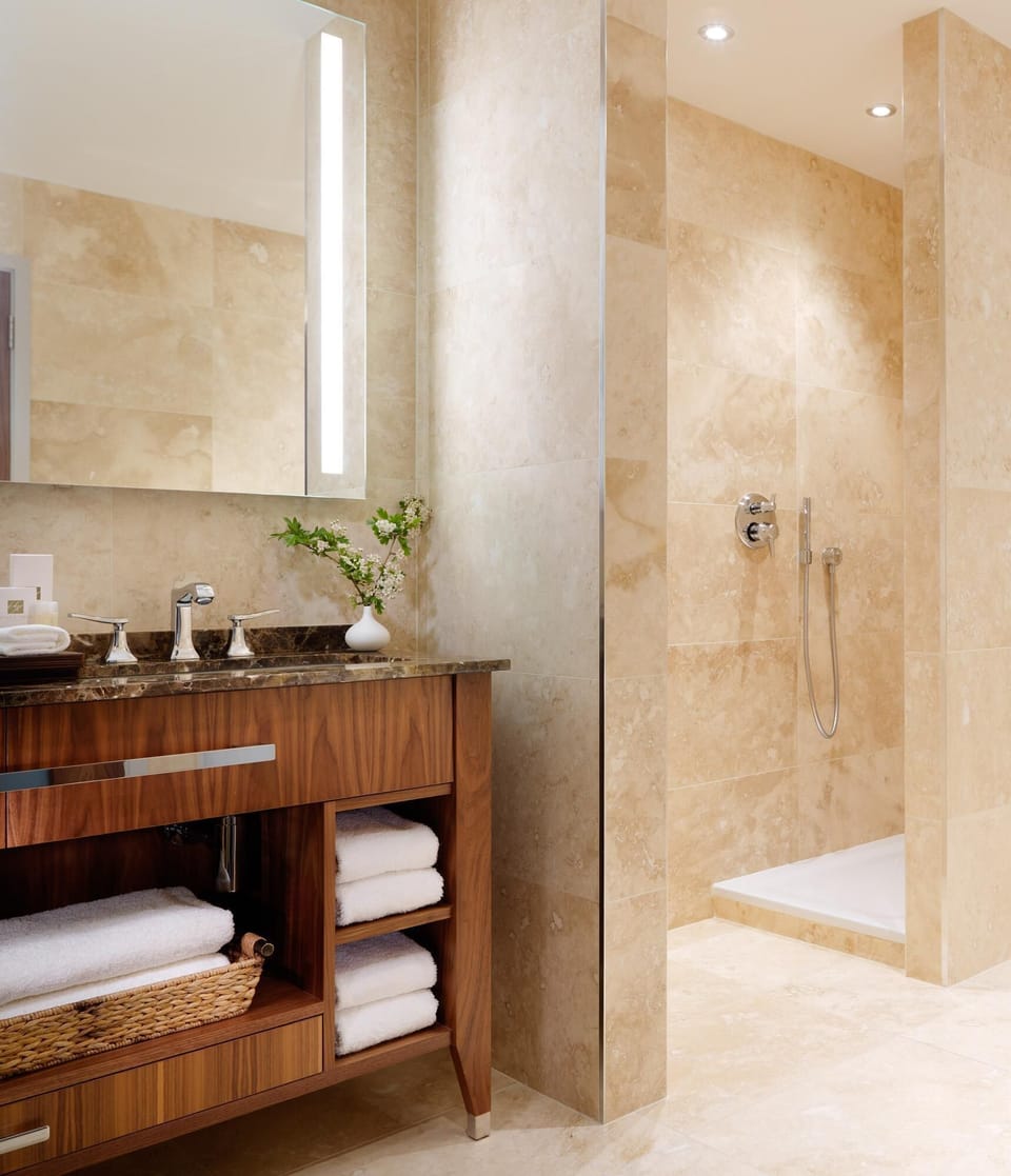 Panoramic Studio Suite, 1 King Bed, Lake View | Bathroom | Rainfall showerhead, designer toiletries, hair dryer, bathrobes