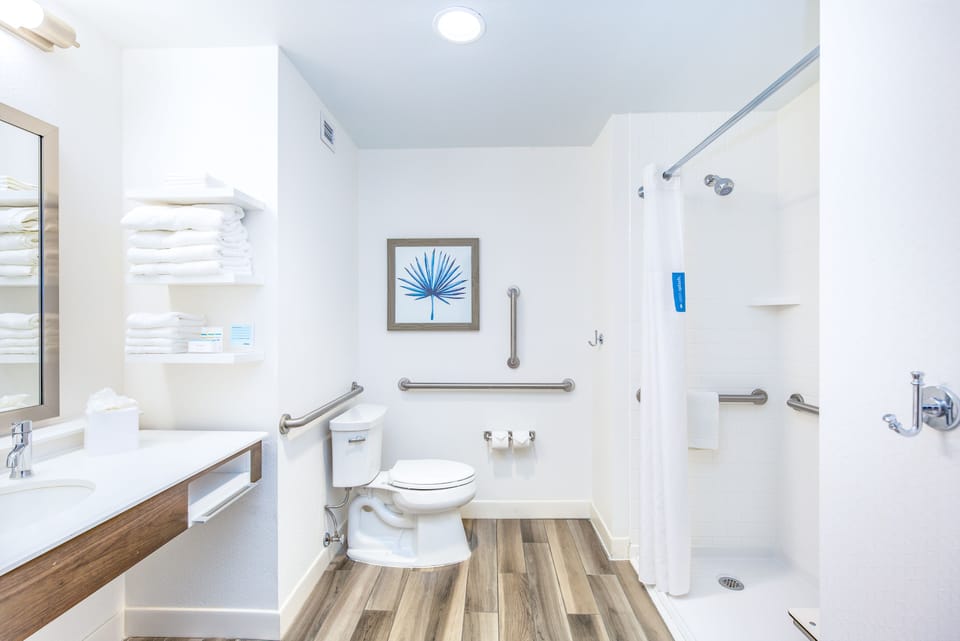 Studio, 1 King Bed, Accessible, Non Smoking (mob/hearing acc w/ roll-in shower) | Bathroom | Combined shower/tub, eco-friendly toiletries, hair dryer, towels