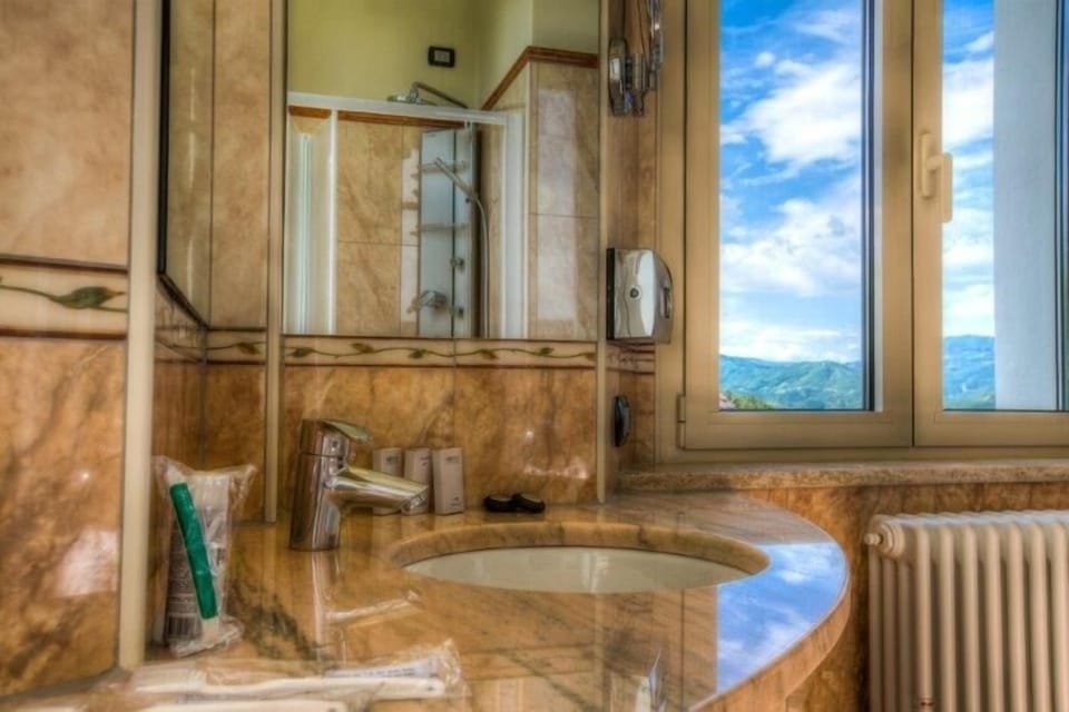 Shower, free toiletries, hair dryer, towels