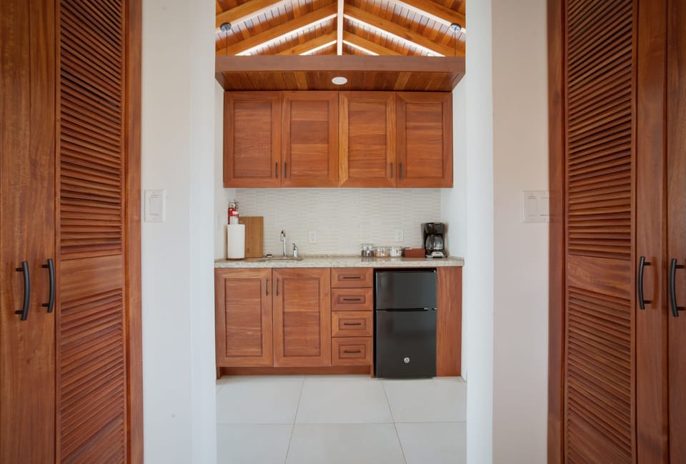 Blender, coffee grinder, freezer, dining tables