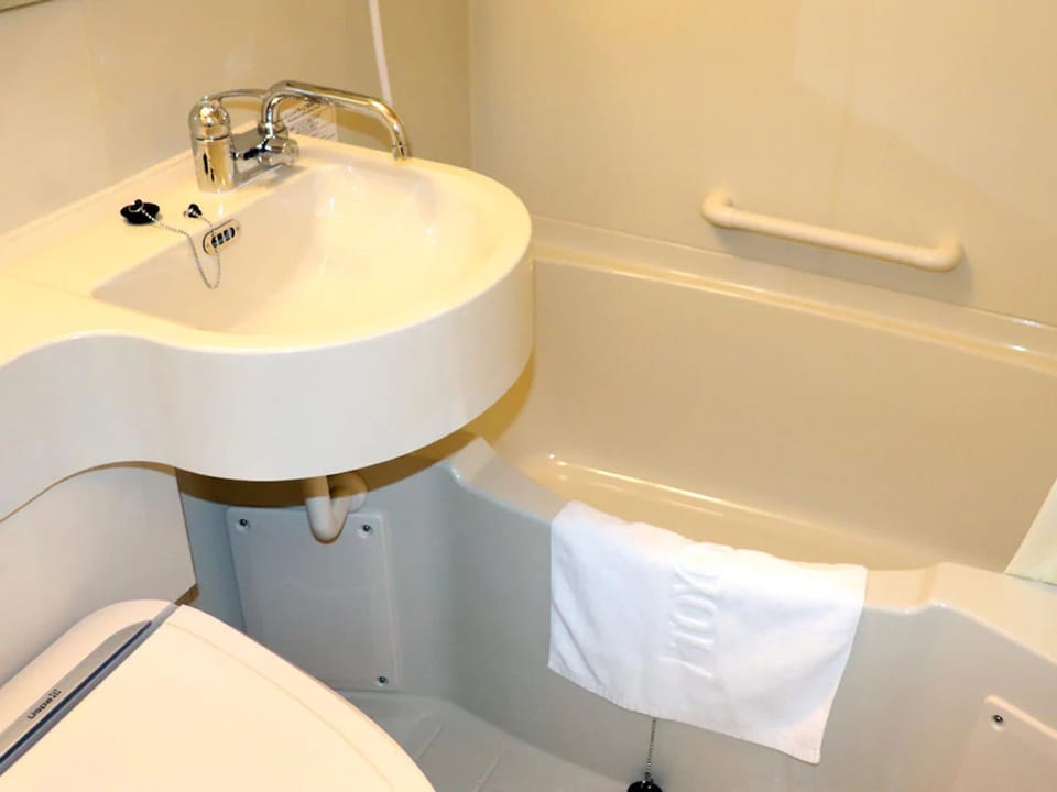 Combined shower/tub, hair dryer, slippers, electronic bidet
