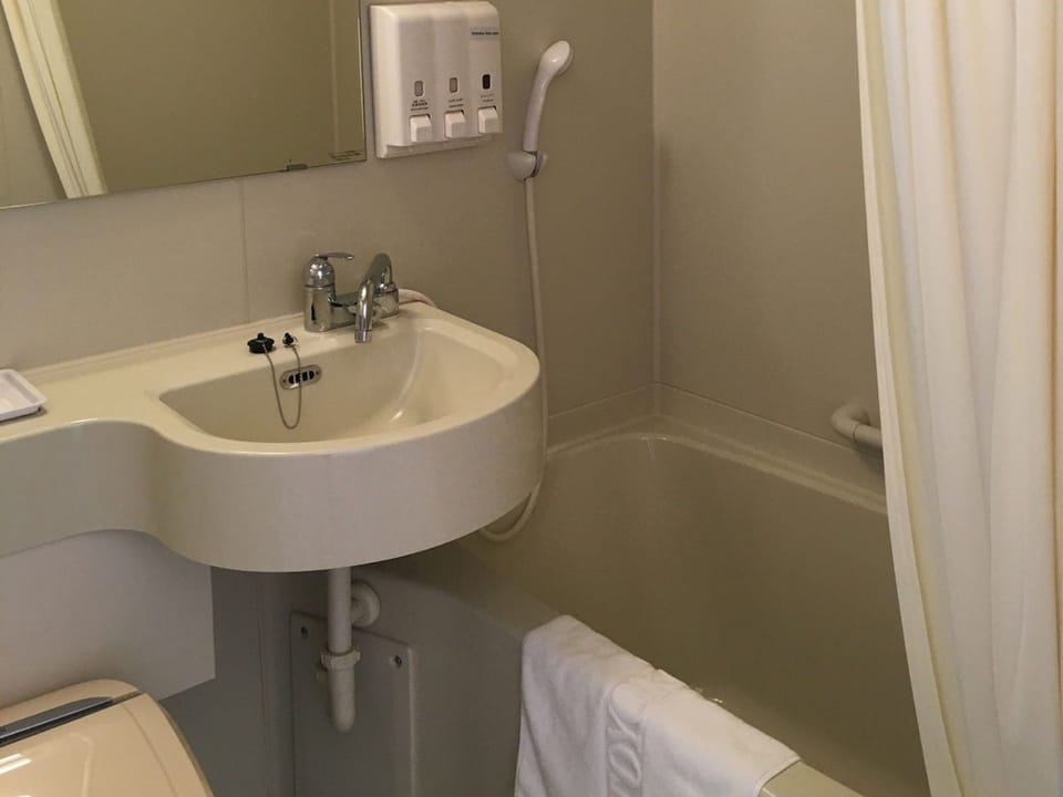 Combined shower/tub, slippers, electronic bidet, towels