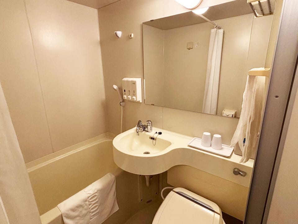 Combined shower/tub, free toiletries, towels