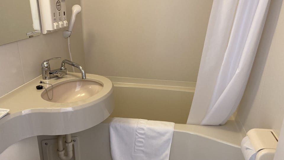 Combined shower/tub, free toiletries, hair dryer, slippers