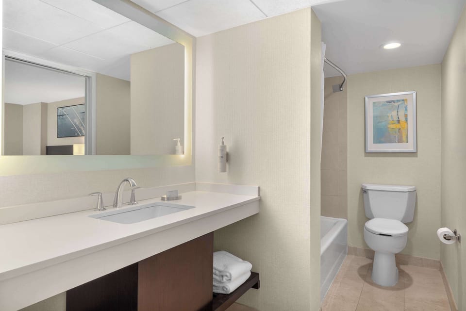Combined shower/tub, deep soaking tub, free toiletries, hair dryer