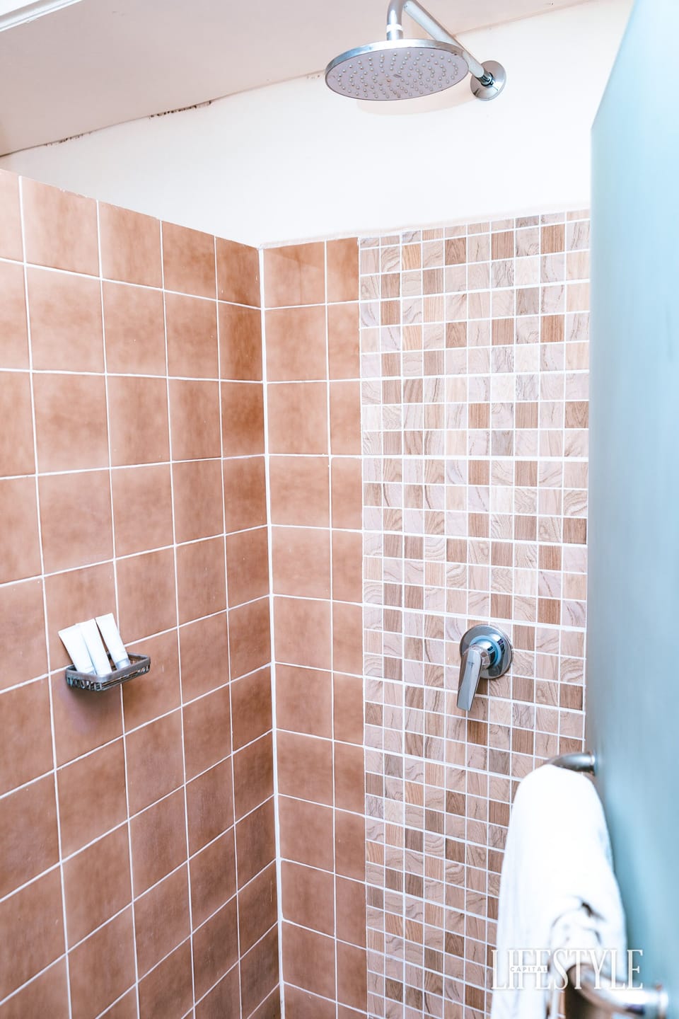 Shower, rainfall showerhead, free toiletries, hair dryer