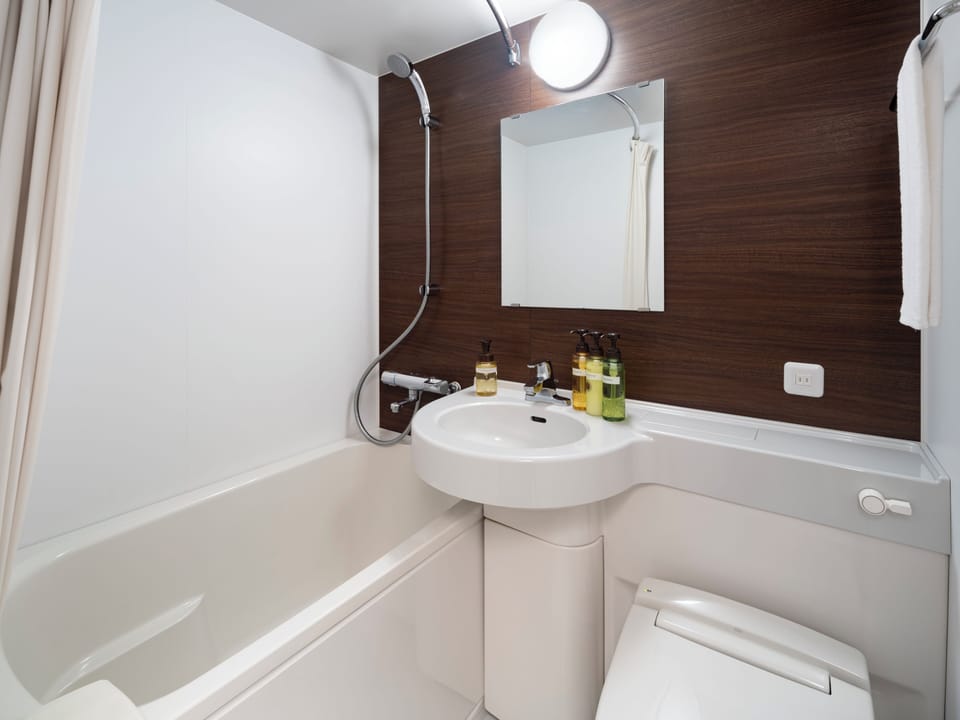 Combined shower/tub, free toiletries, hair dryer, slippers