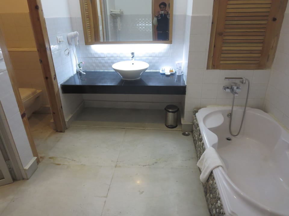 Combined shower/tub, free toiletries, towels