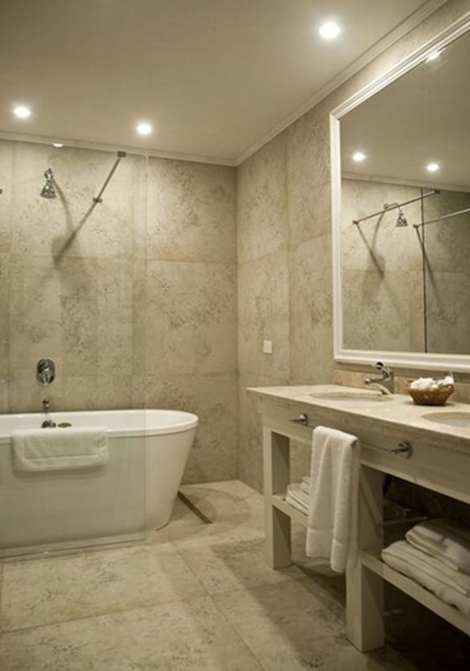 Separate tub and shower, deep soaking tub, rainfall showerhead