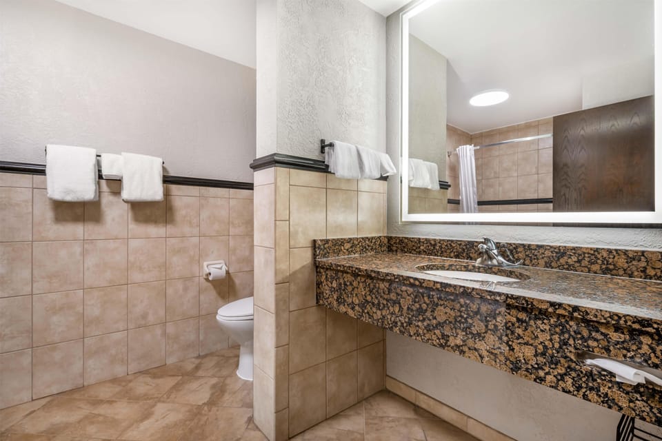 Combined shower/tub, free toiletries, hair dryer, towels