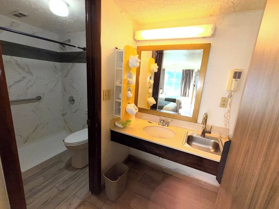 Combined shower/tub, free toiletries, hair dryer, towels