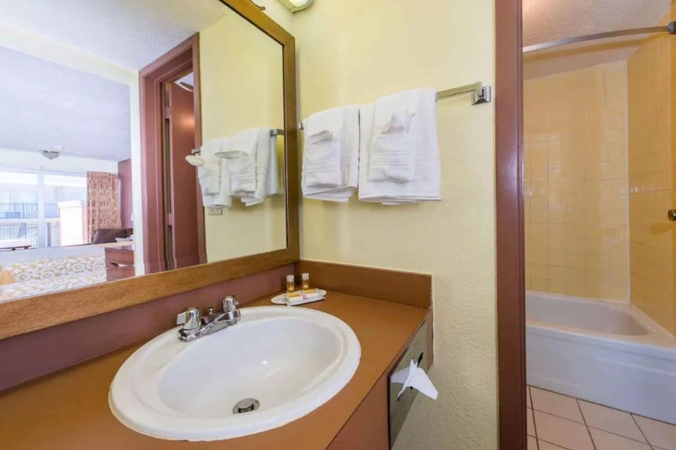 Combined shower/tub, free toiletries, hair dryer, towels