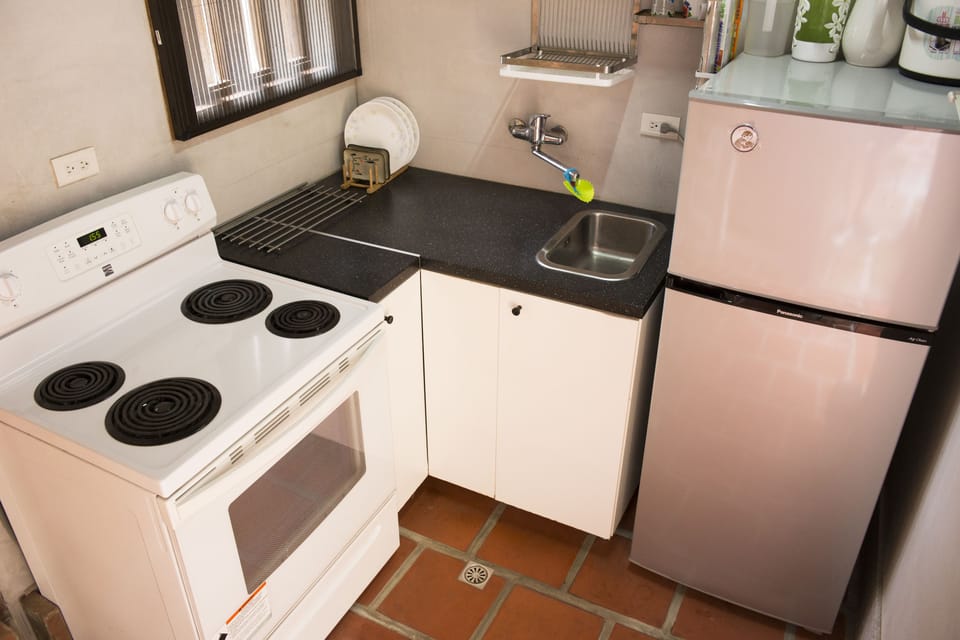 Fridge, oven, cookware/dishes/utensils