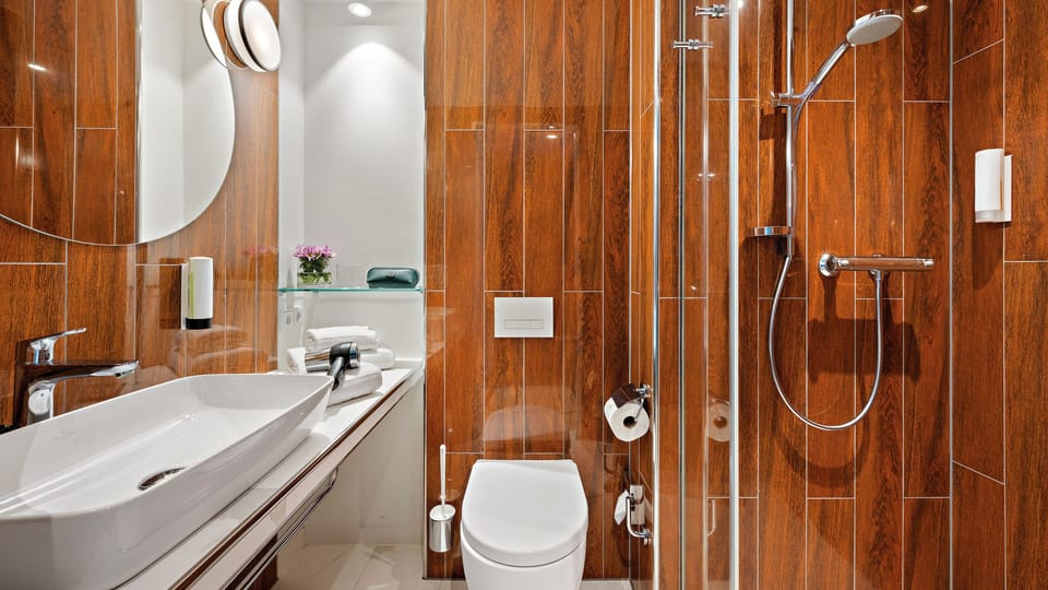 Shower, free toiletries, hair dryer, towels