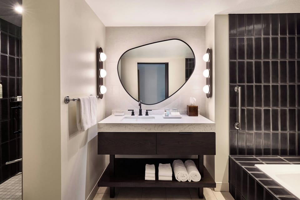 Combined shower/tub, free toiletries, hair dryer, towels