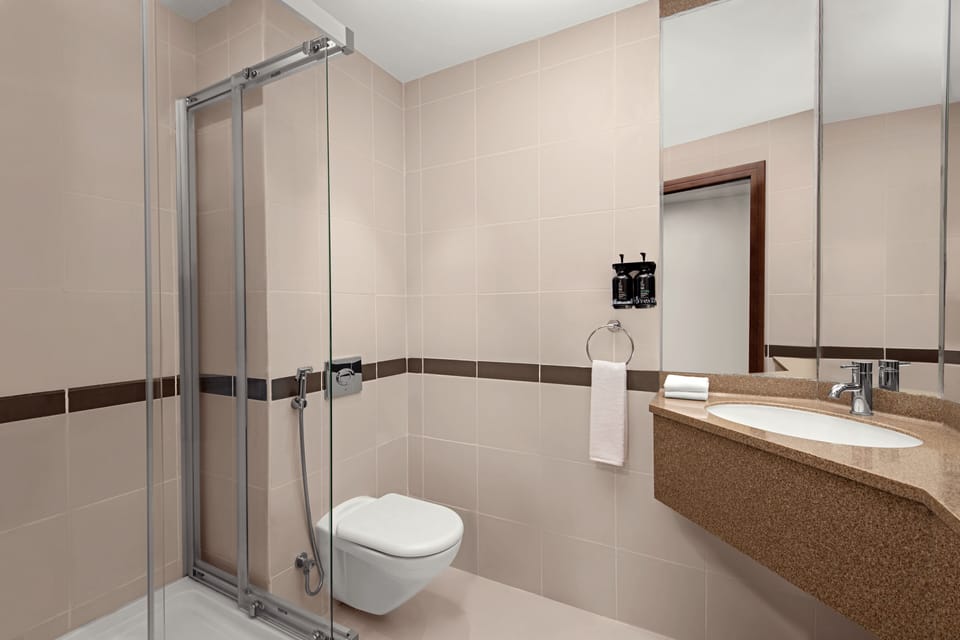 Shower, hair dryer, bathrobes, bidet