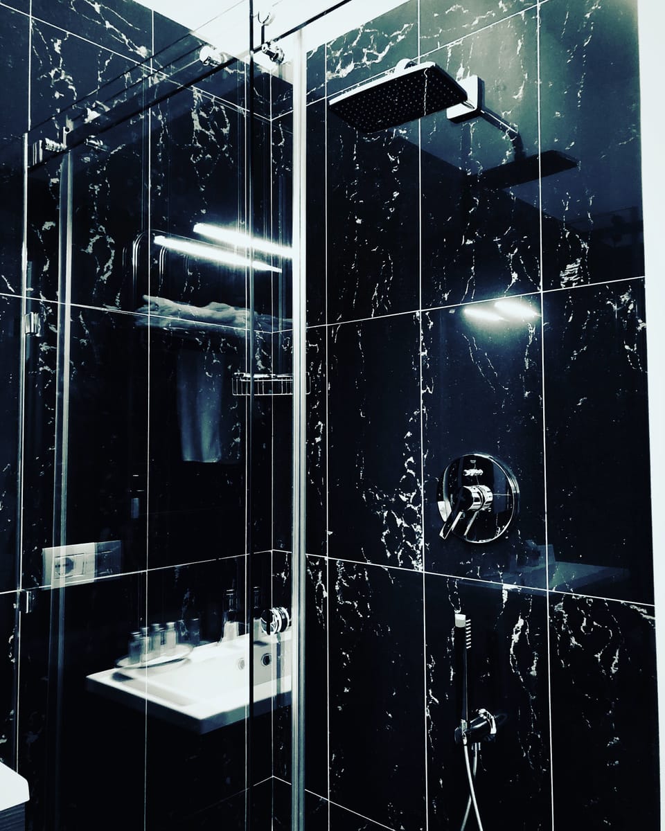 Shower, designer toiletries, hair dryer, slippers