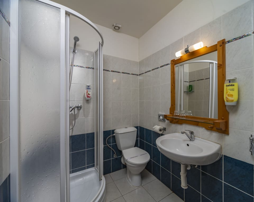 Shower, free toiletries, towels