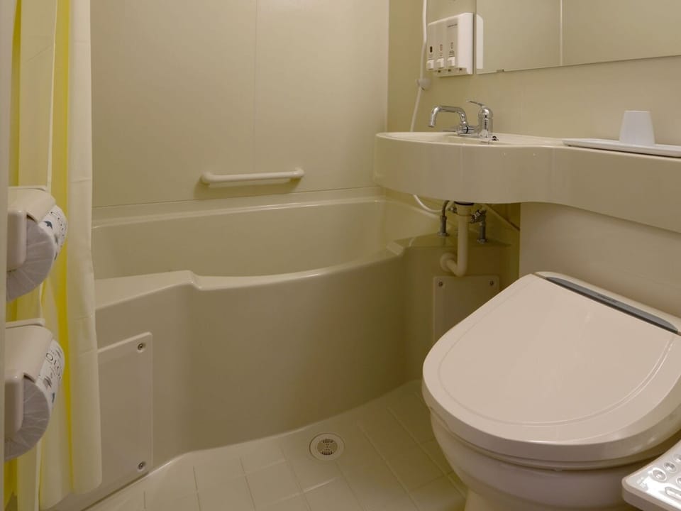 Combined shower/tub, slippers, electronic bidet, towels