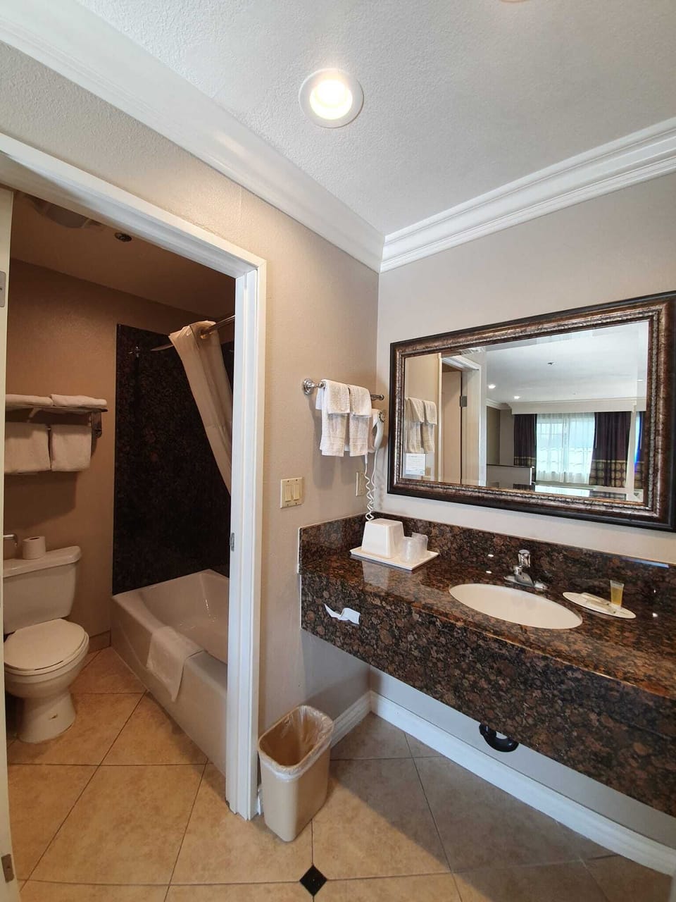 Combined shower/tub, free toiletries, hair dryer, towels