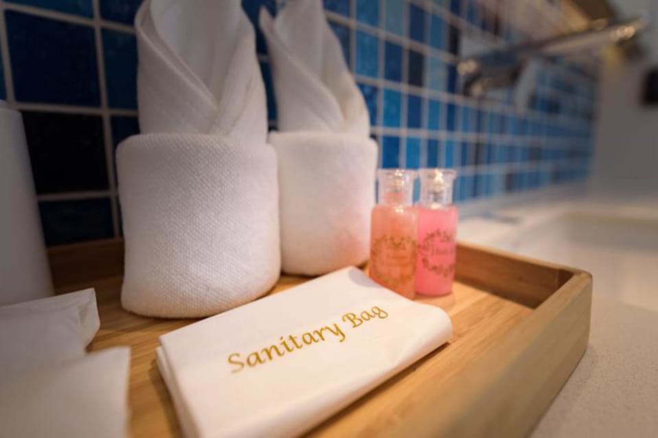 Shower, free toiletries, hair dryer, towels