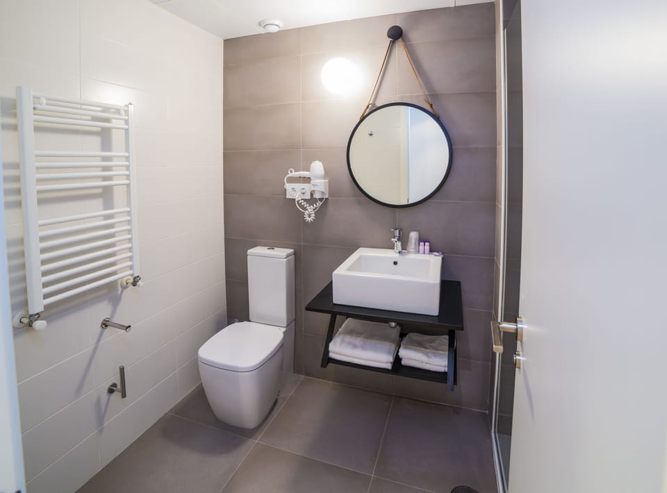 Shower, free toiletries, hair dryer, towels