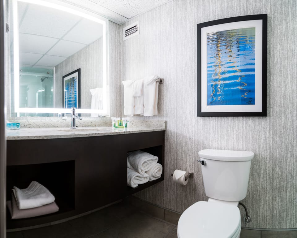 Combined shower/tub, designer toiletries, hair dryer, towels