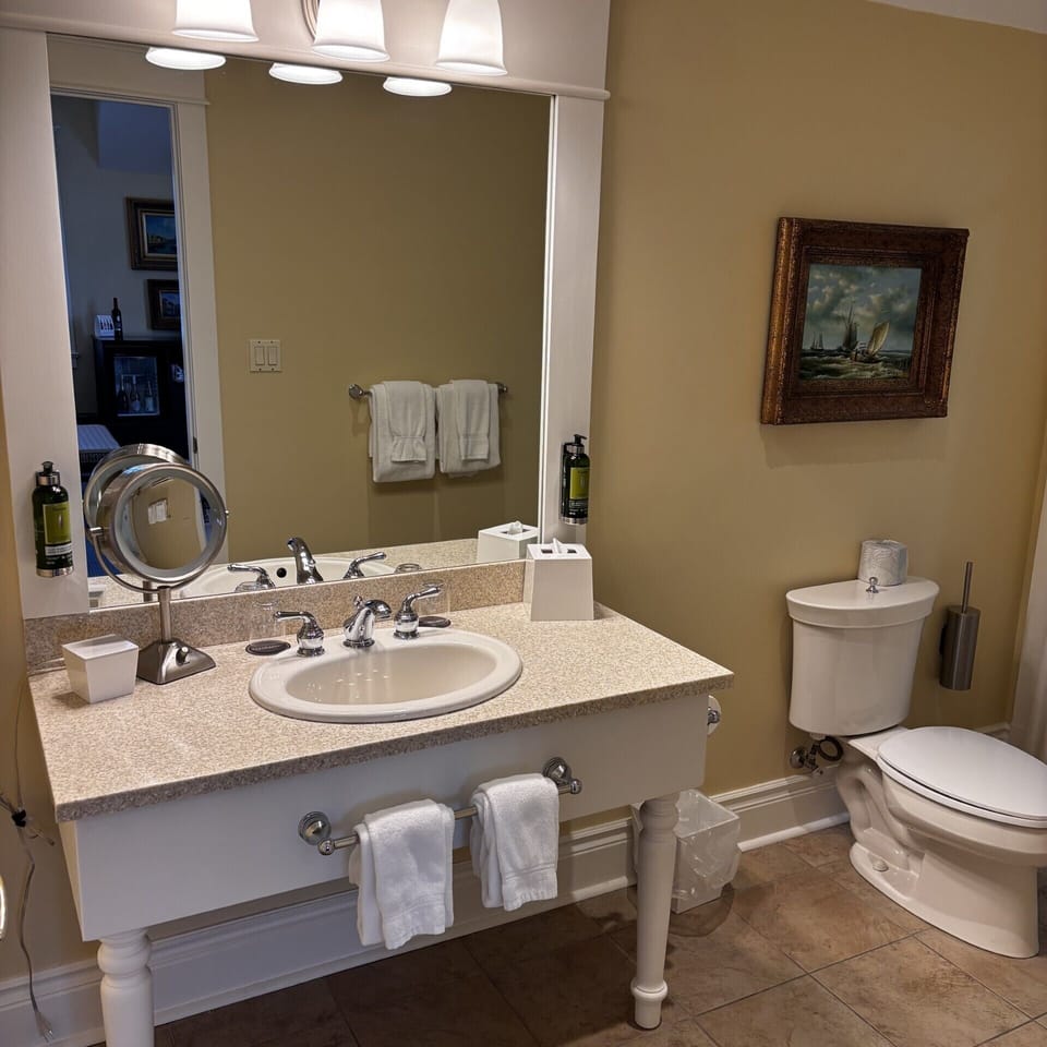 Combined shower/tub, free toiletries, hair dryer, bathrobes