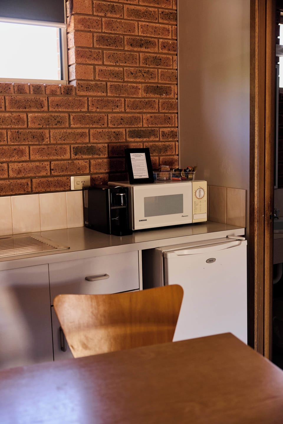 Fridge, microwave, coffee/tea maker, electric kettle