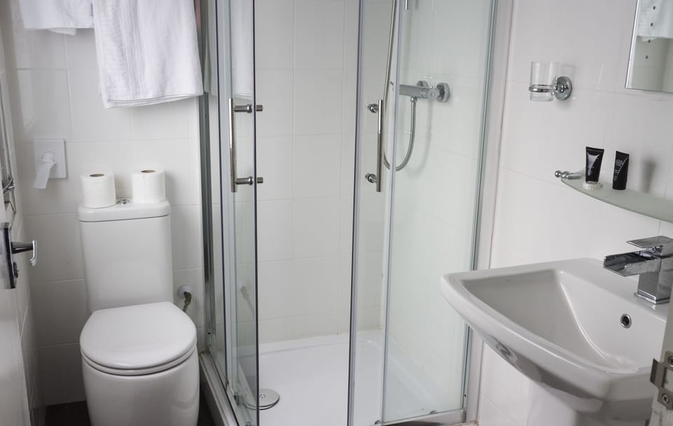 Shower, free toiletries, hair dryer, towels