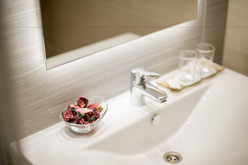 Shower, free toiletries, hair dryer, towels