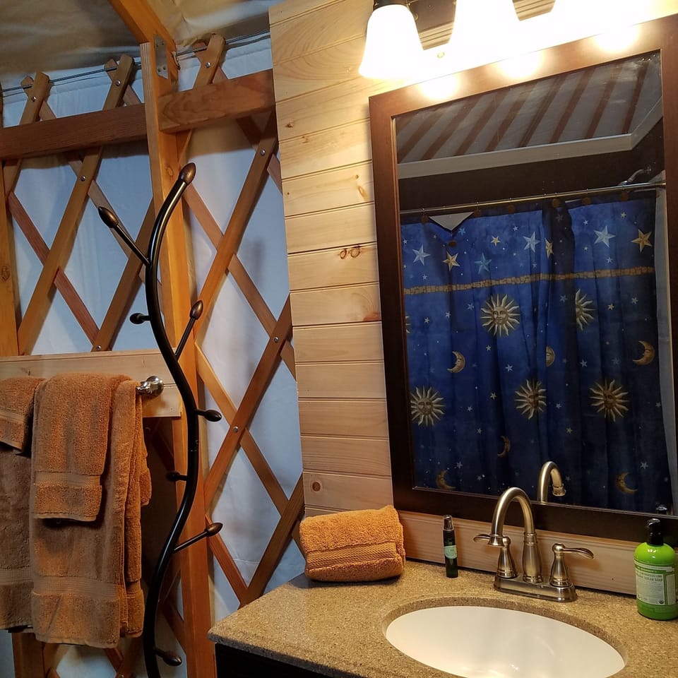 Honeoye Yurt with Kitchenette and Full Bathroom (Breakfast Items Provided) | Bathroom | Hair dryer, towels