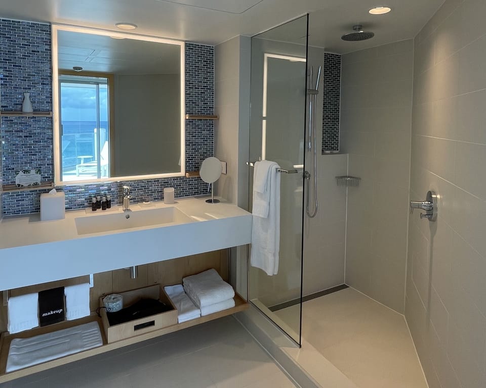 Shower, rainfall showerhead, designer toiletries, hair dryer