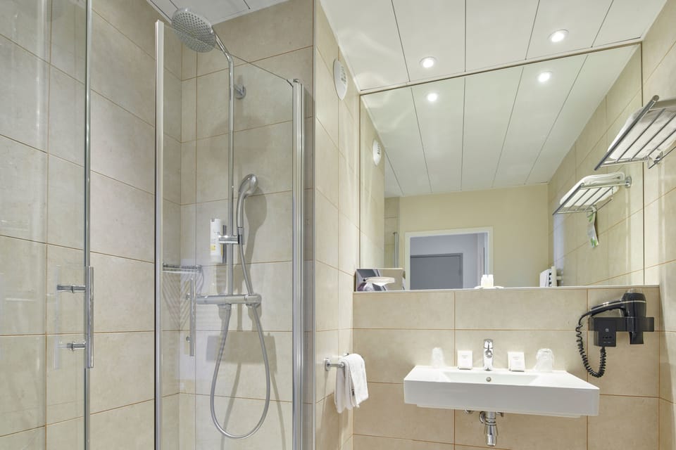 Shower, hair dryer, towels